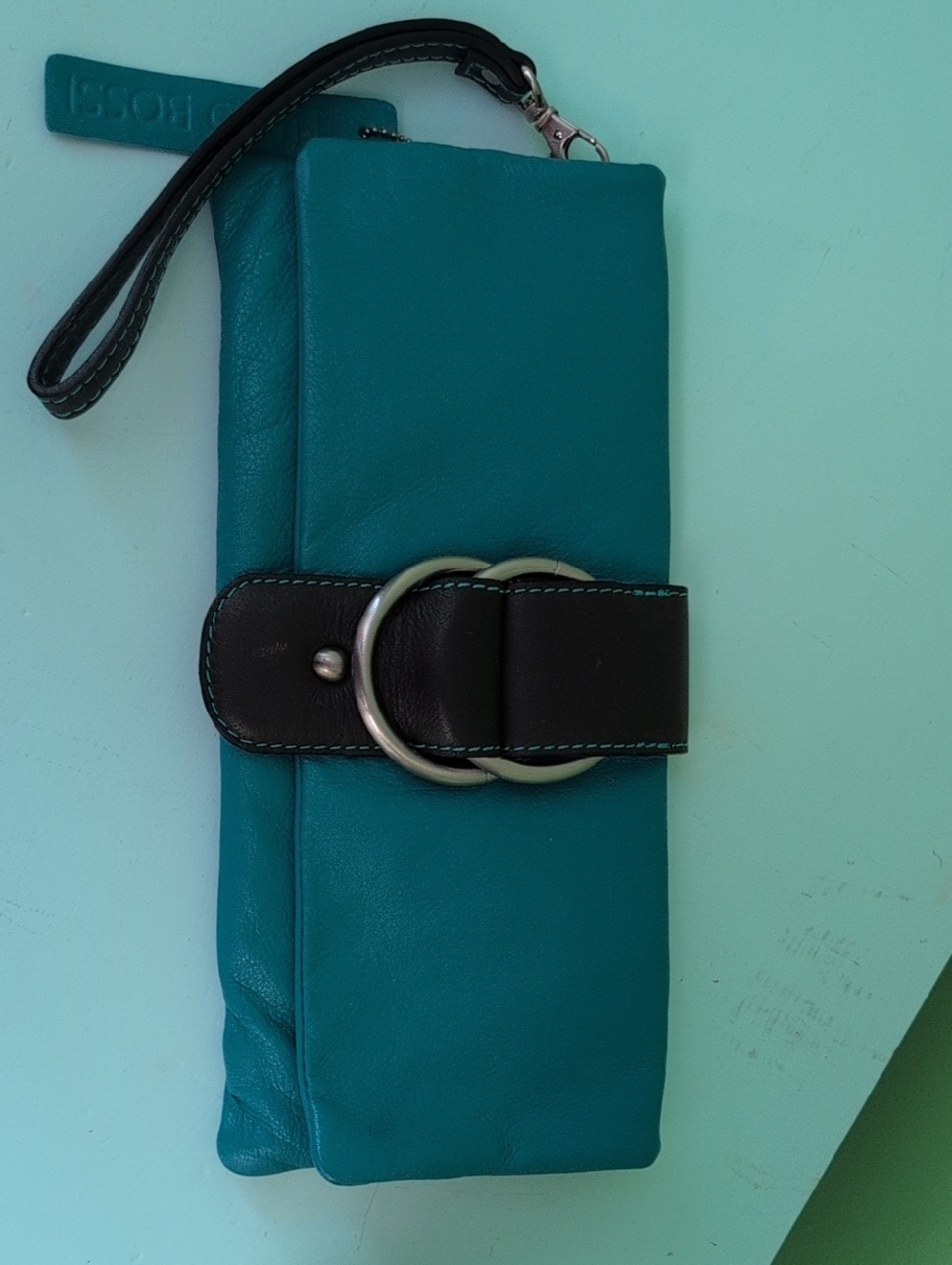 Nino BOSSI Teal and Black Leather Wristlet Clutch